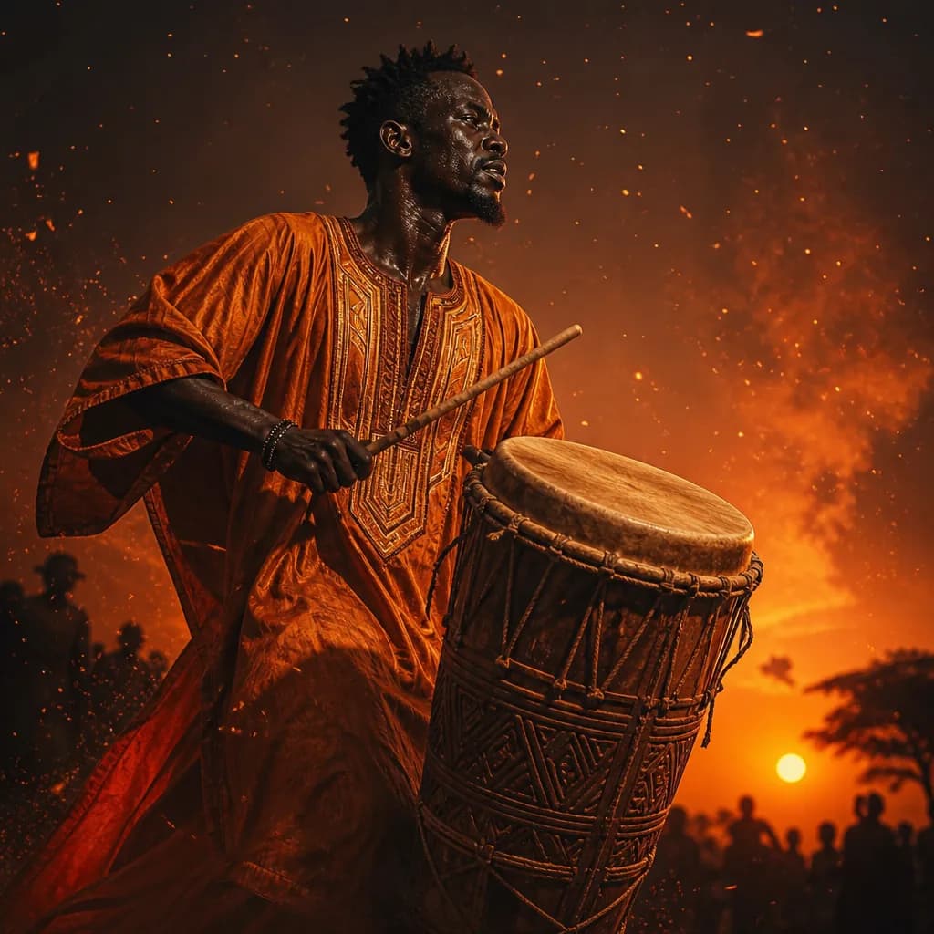 A sabar drummer playing against an ember-orange sunset