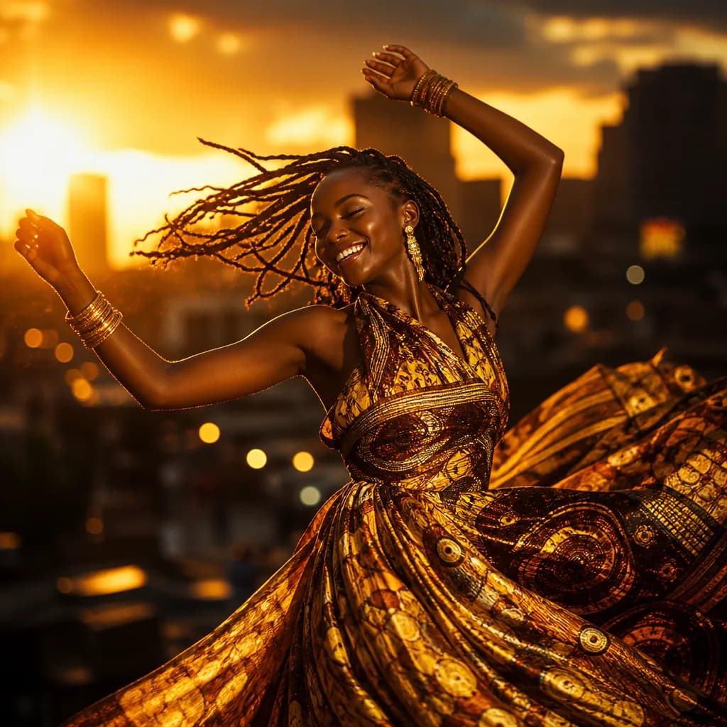 A dancer in a gold ankara dress mid-turn against a Lagos sunset