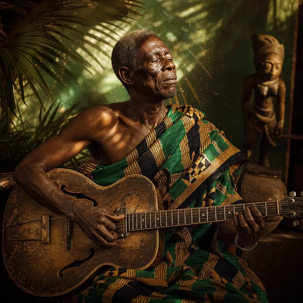 A highlife guitarist in kente cloth under dappled palm shade