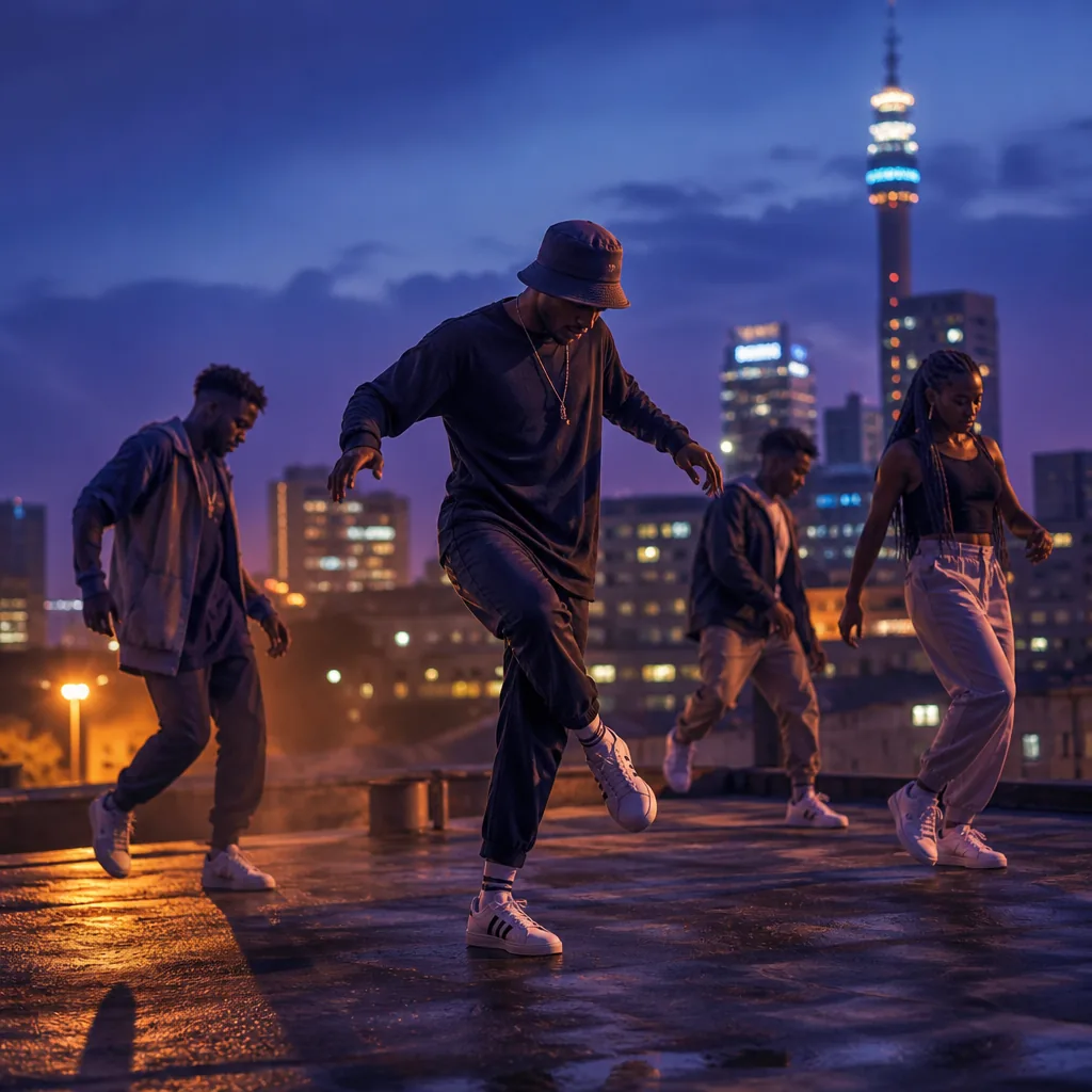 Dancers on a Johannesburg rooftop in the evening