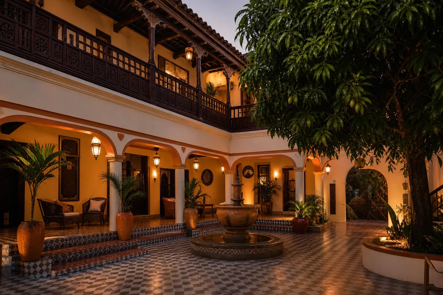 A Lagos compound courtyard at golden hour, mango shade, tiled floor